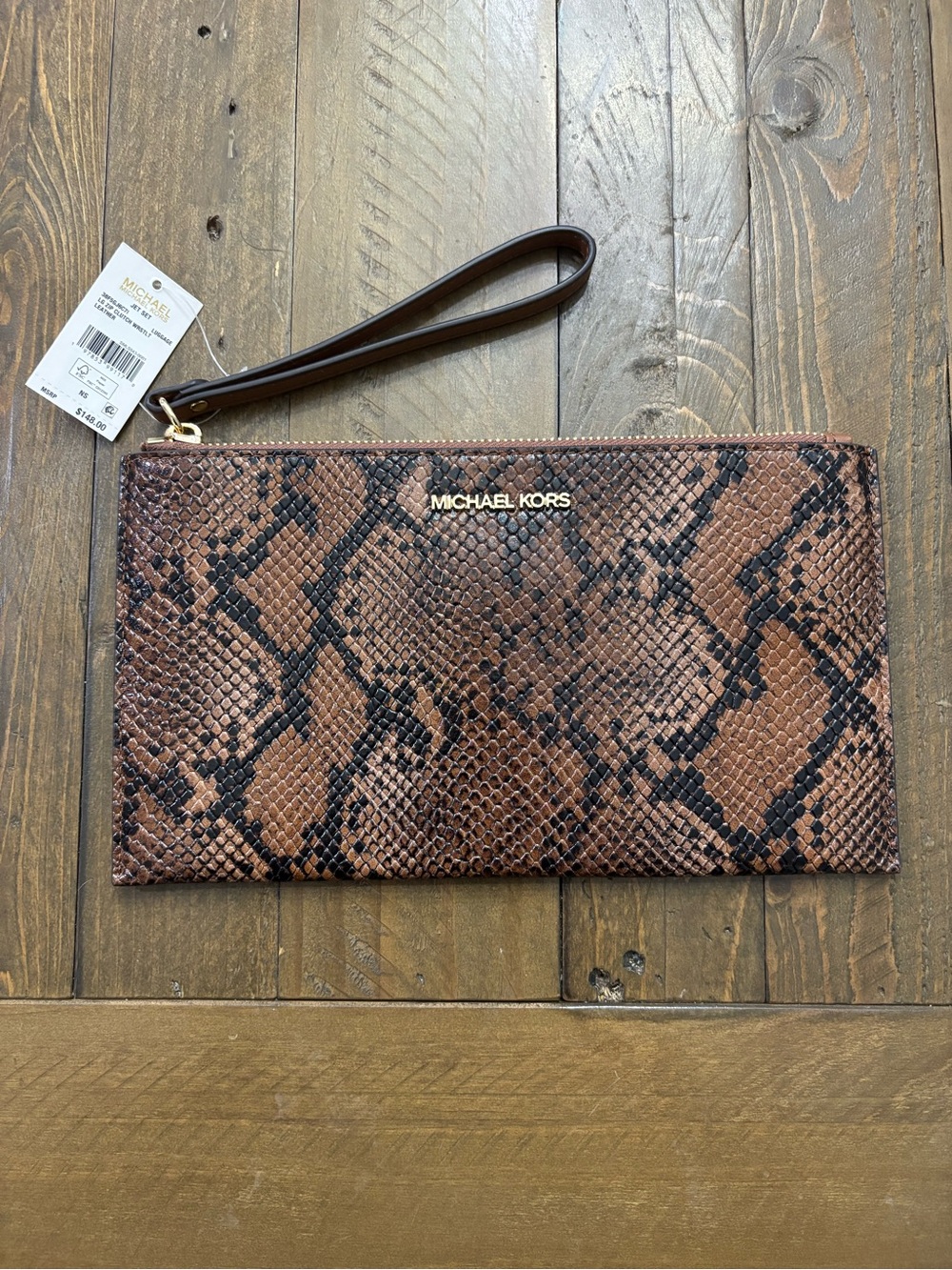 Michael Kors Jet Set Large Zip Wristlet in Brown Snakeskin Embossed Leather